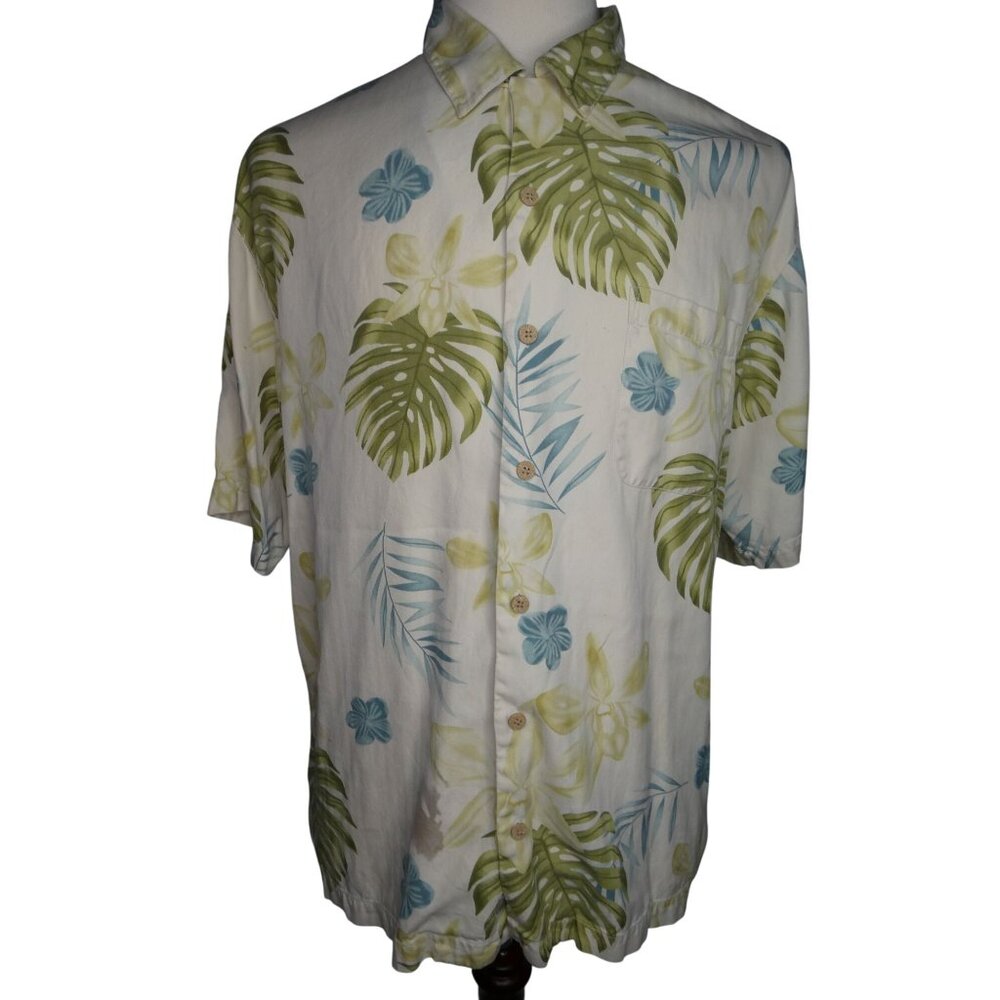 Tommy Bahama Men's Yellow Floral Print‎ Short 100% Silk Sleeve Shirt Size L